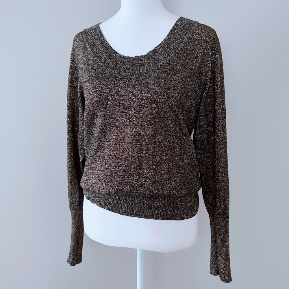 Attention Metallic Knit Sweater Bronze Shimmer Scoop Neck Long Sleeve Top M